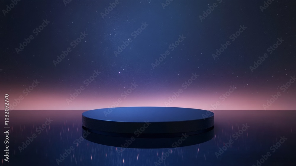 Poster A dark circular platform is positioned against a starry sky with a soft gradient glow on the horizon, creating an intriguing atmosphere reminiscent of a fantastical realm during nighttime.