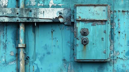 Naklejka premium Weathered Turquoise Metal Door with Peeling Paint and Rust
