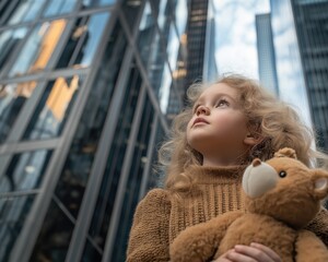 Fototapeta premium A cute girl with curly hair holding a teddy bear, looking up against a city skyline.