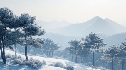 A snowy Korean mountain landscape with pine trees dusted in detailed layers of snow.