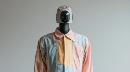 Symmetrical robot figure in pastel colored jacket