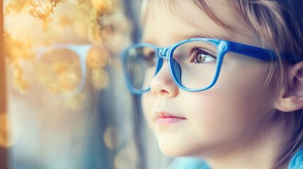 Young child wearing blue glasses focusing on distant tree outside window, symbolizing myopia prevention and importance of outdoor activities.