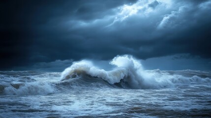 Obraz premium A stormy sea with towering waves crashing against each other under a dark, cloudy sky.