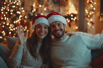 Virtual party. Happy couple in santa hats using cellphone, making online video conference waving hand to webcam sitting on sofa in decorated living room with Xmas, Generative AI