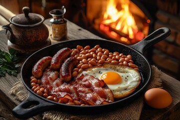 Fototapeta premium A Hearty English Breakfast With Bacon, Eggs, Sausage, and Baked Beans, Breakfast Photography, Breakfast Menu Style Photo Image