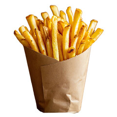 French fries are in craft packaging in PNG format. portion of French fries in brown paper packaging on a transparent background