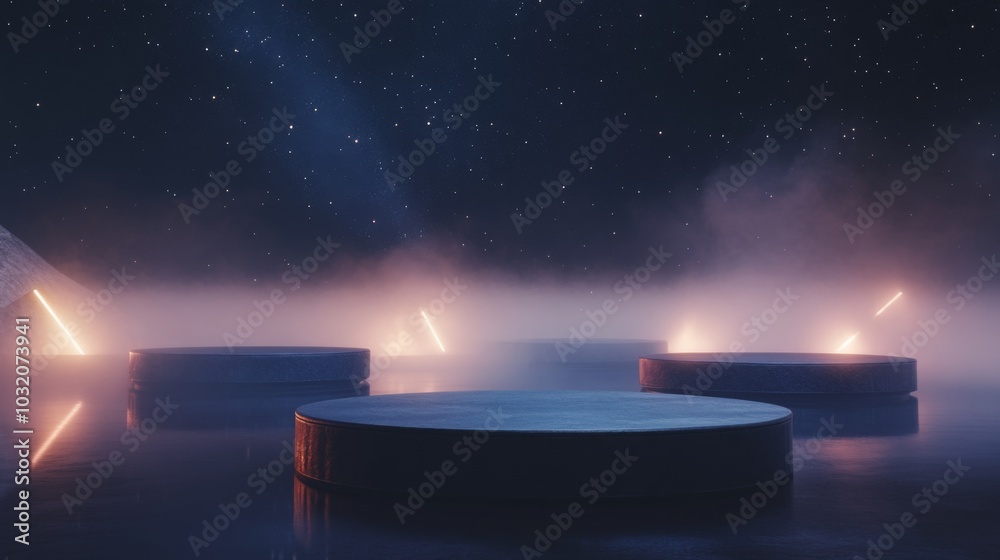 Aufkleber under a starry sky, circular platforms sit quietly above water, enveloped in mist. gentle light beam