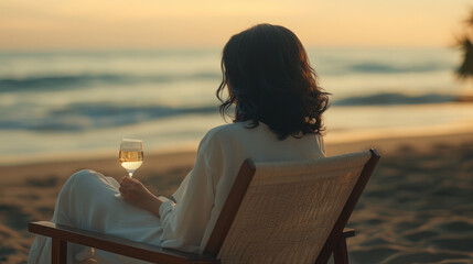 Peaceful seaside sunset with a glass of white wine