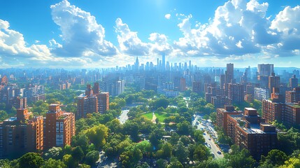 Obraz premium A panoramic aerial view of a city skyline with green trees and buildings in the foreground.
