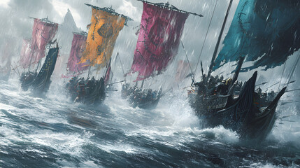 Epic Depiction of Odin's Norse Army Battling Amidst Storms and Adversity