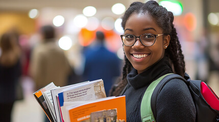 Excited high school graduate at a college fair, holding brochures and dreaming of future opportunities.