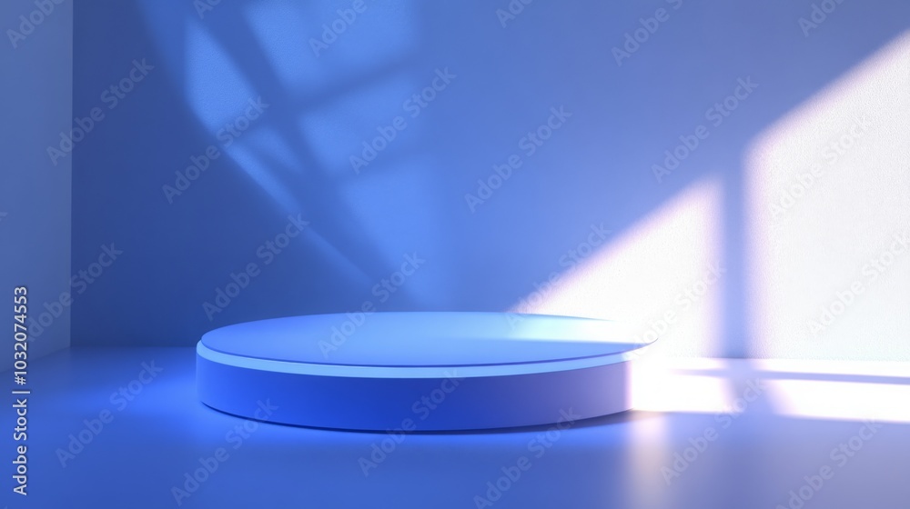 Fototapete the circular platform is set against a minimalist backdrop, bathed in soft blue light coming from a 