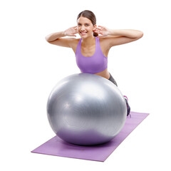 Fitness, yoga and woman with ball in studio for core training, exercise and cardio workout. Sports, portrait and person with gym equipment for wellness, health and performance on white background