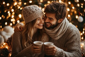 Favorite drink and New Years mood. Happy couple with cups of cocoa chatting, sitting in interior of home with tree and glowing garlands, Generative AI