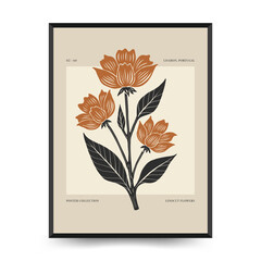 Abstract linocut floral posters template. Modern trendy minimal style. Black and white colors. Botanical blockprint. Hand drawn design for wallpaper, wall decor, print, postcard, cover, template.