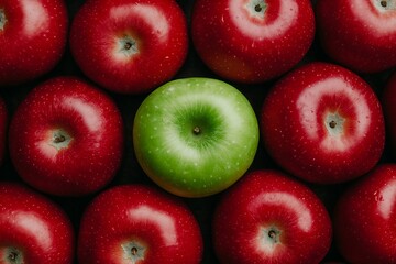 A Minimalist Shot of a Single Green Apple Surrounded by Vibrant Red Apples, Emphasizing Contrast, Fruit Photography, Fruit Menu Style Photo Image