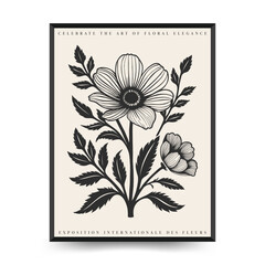 Abstract linocut floral posters template. Modern trendy minimal style. Black and white colors. Botanical blockprint. Hand drawn design for wallpaper, wall decor, print, postcard, cover, template.