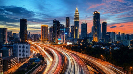 Obraz premium A smart city skyline filled with connected buildings, digital signage, and self-regulating traffic systems powered by cutting-edge technology and IoT infrastructure