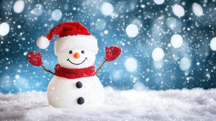 A snowman with a red Santa hat, waving happily amid a snowy landscape, bringing holiday cheer to a wintery world.