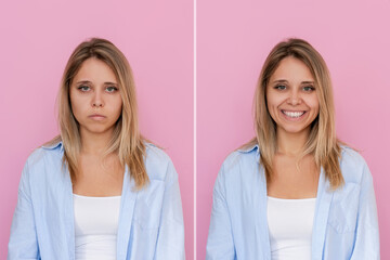Two portraits of a young caucasian blonde woman in a blue shirt: sad and cheerful on a pink...