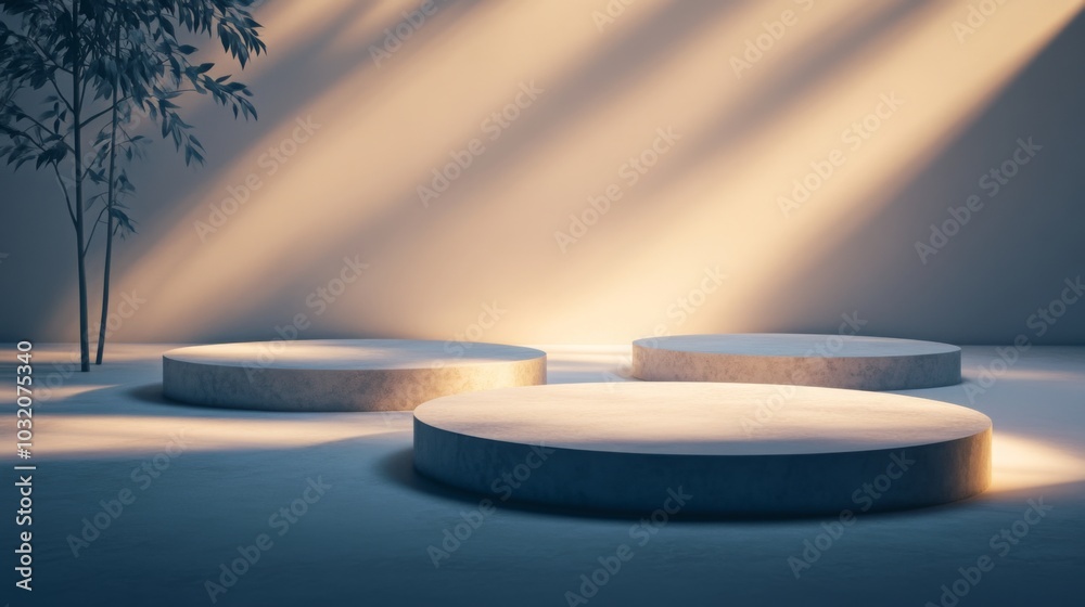 Aufkleber in a serene indoor setting, three smooth circular platforms are gently illuminated by warm light. a 