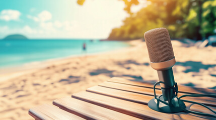 Remote work podcast microphone beach setup digital nomad lifestyle influencer content creator work anywhere voice recording travel tropical audio communication summer freelance concept banner