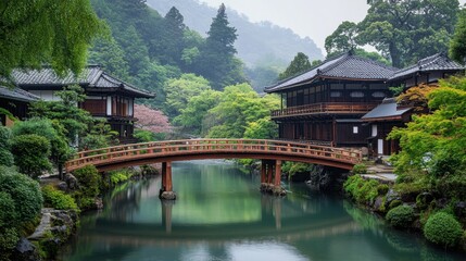 Fototapeta premium A traditional Japanese bridge crossing a serene river surrounded by lush greenery and detailed wooden structures.