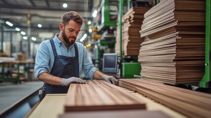 Fototapeta premium Worker in industrial setting handling wooden sheets.