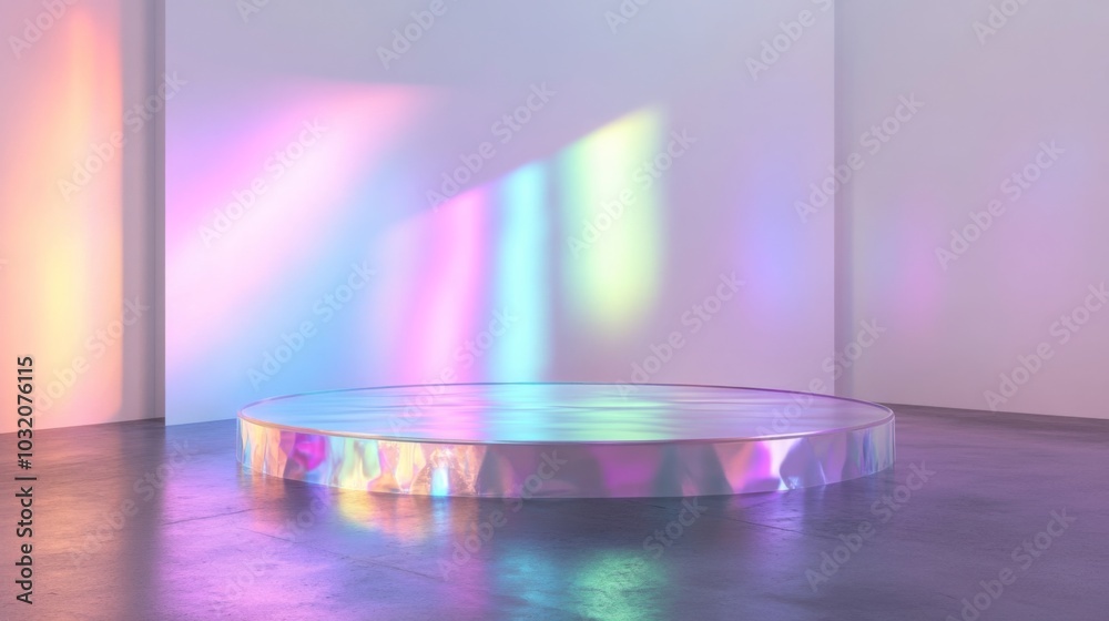 Aufkleber a circular, reflective platform sits in a white room. the platform is reflecting the colorful light 