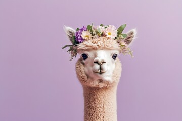 beautiful portrait of fluffy white lama in delicate flowers wreath on pastel purple background