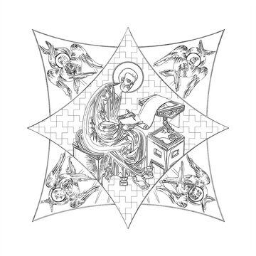 saint writing scroll, angels, black and white clip art preview