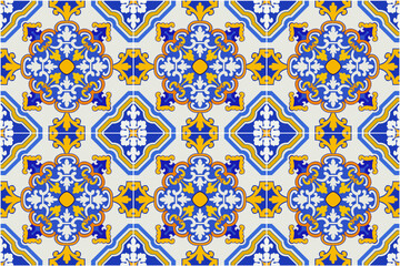 Coloured ceramic tiles. Portuguese hydraulic ceramics. Floral decorative ornament. Portugal, Europe. Digital design. EPS Illustration. 