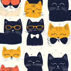 Seamless pattern with cute fashionable cats. Vector graphics.
