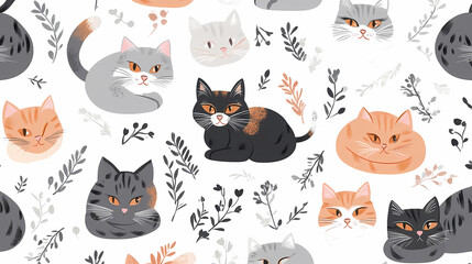 Seamless pattern with cute fashionable cats. Vector graphics.