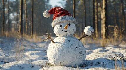 Adorable snowman in a Santa hat, holding a snowball playfully in a snowy forest setting, evoking holiday cheer, 3D winter scene.