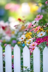 Fototapeta premium vertical image closeup white picket fence in blooming garden, vibrant flowers and greenery in blurred background