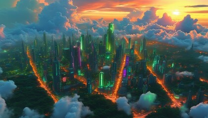 City of a future against yellow green sunset sky with clouds. Futuristic building with bright neon lights. Wallpaper in a style of cyberpunk.
