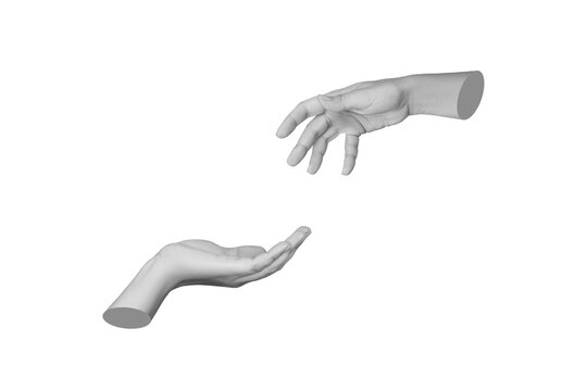 Two statue's hands reaching toward each other extending a helping hand isolated on a white background. Handover, support, aid, assistance. 3d creative trendy collage. Contemporary art. Modern design