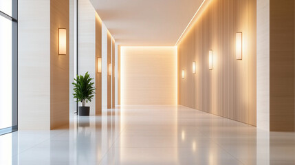 Elegant Minimalist Wall Light in a Modern Interior A sleek, minimalist wall light softly glows in a modern interior hallway, casting a warm and inviting ambiance. The smooth, muted