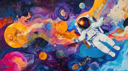 An abstract portrayal of a cosmic traveler in a spacesuit floating through neon-colored galaxies, surrounded by swirling stars and distant planets