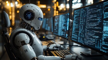 Fototapeta premium Robot working at computer with multiple screens coding