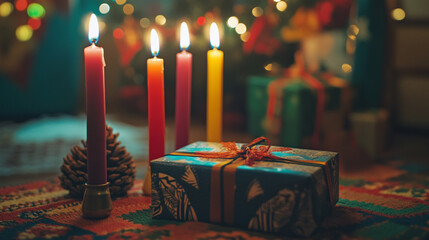 Celebrating Kwanzaa with colorful candles, gifts, and festive decorations in a warm atmosphere