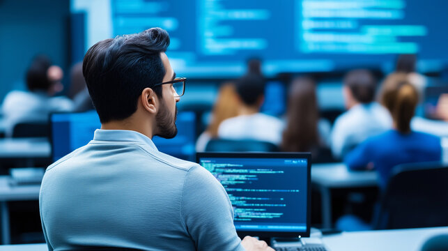 University Software Engineering Lecture with Diverse International Students A skilled teacher gives a detailed lecture on software engineering in a high-tech university classroom.