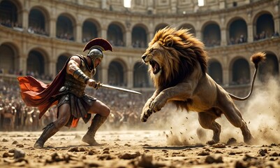 Roman gladiator fighting a lion in an ancient Roman circus full of spectators. Historical reenactment image of the ancient Roman Empire