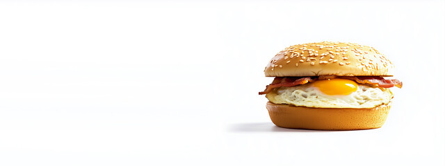 A delicious bacon and egg burger against an isolated white background. Room for text, copy space, suitable for a header, banner or fast food menu.