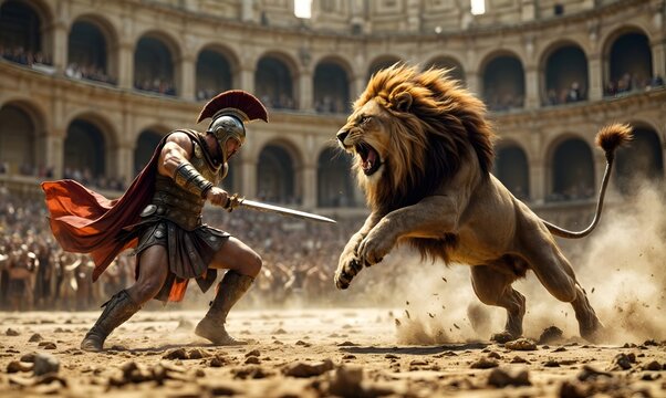 Roman gladiator fighting a lion in an ancient Roman circus full of spectators. Historical reenactment image of the ancient Roman Empire