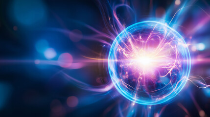 Obraz premium Close-up of Plasma Globe, Electric Discharges and Plasma Streams A vibrant close-up of a plasma globe, showcasing the electric discharges and glowing plasma streams in vivid blue a