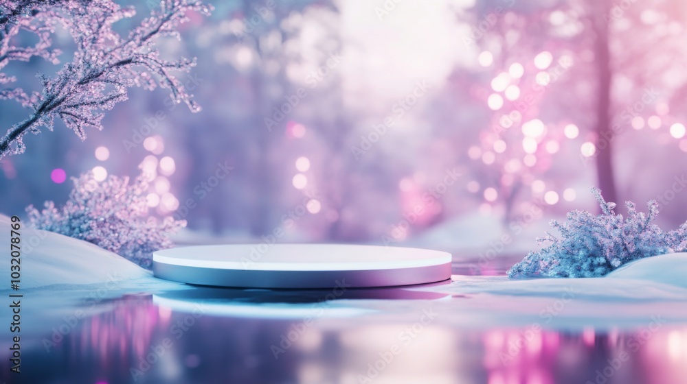 Poster a circular platform stands serenely on a frozen water surface, surrounded by snow-covered trees and 
