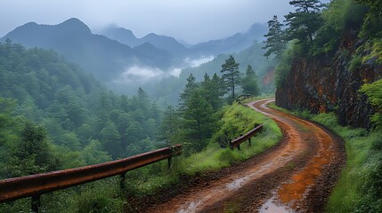 Fototapeta premium A winding dirt road leads through a lush, misty mountain valley.