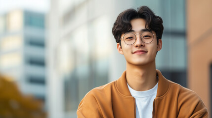 Obraz premium young man with curly hair and glasses smiles confidently outdoors, wearing casual brown jacket. urban background adds modern touch to scene.